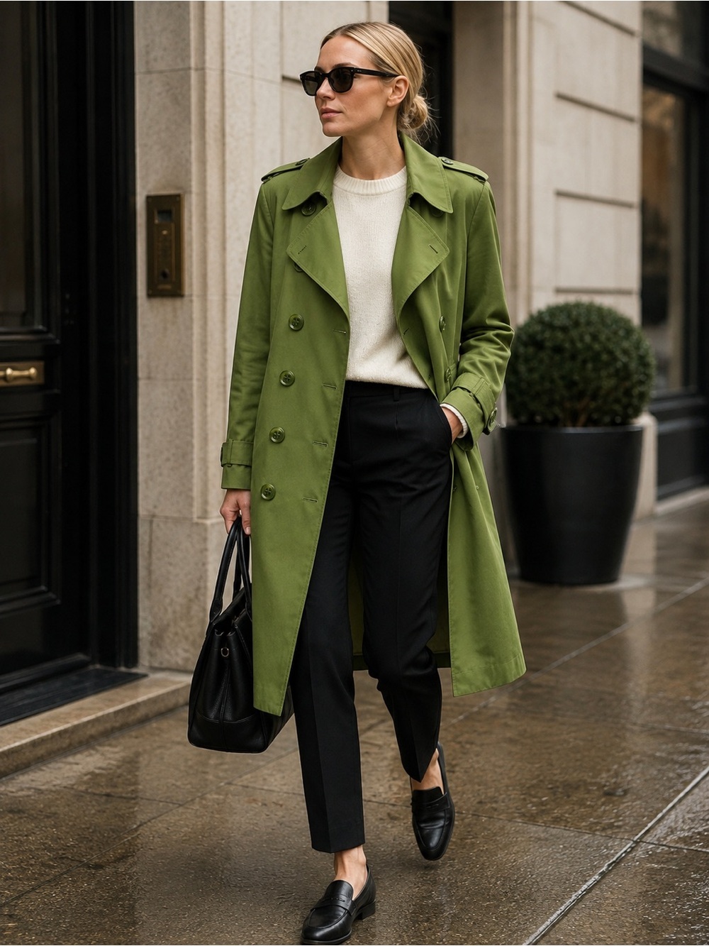 Vertigo Paris Avocado Green Trench Coat L Mod Print Lining European Minimalist